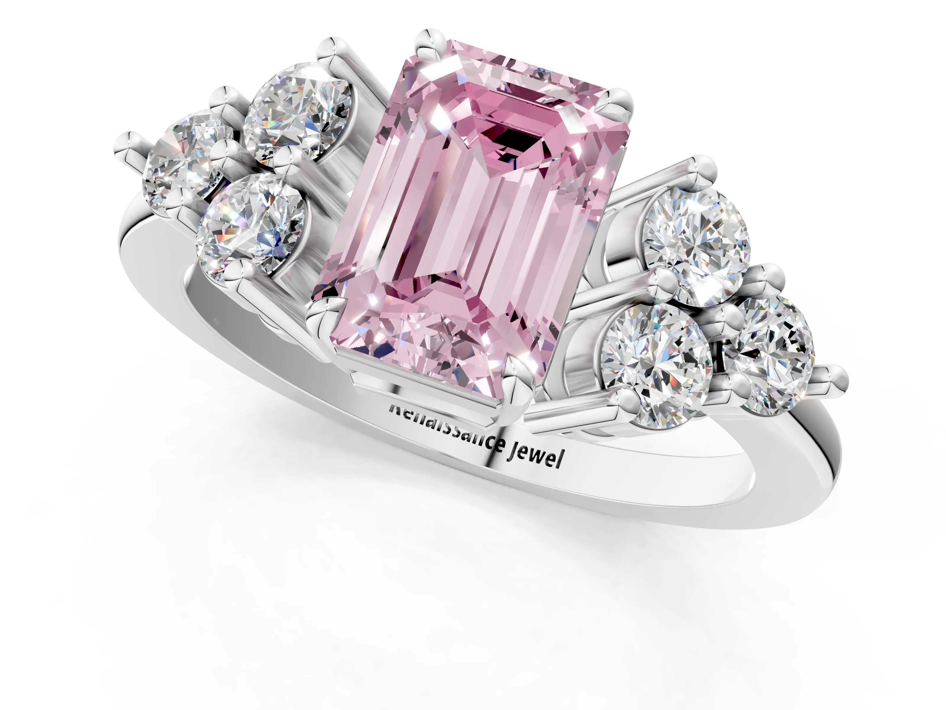 White gold Fancy Pink Emerald Cut Brilliant Diamond Cluster Accent Solitaire Ring with Prong Setting_1