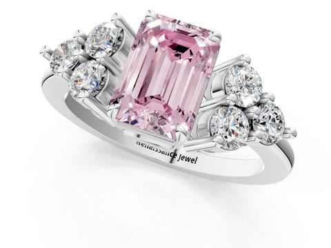 White gold Fancy Pink Emerald Cut Brilliant Diamond Cluster Accent Solitaire Ring with Prong Setting_1
