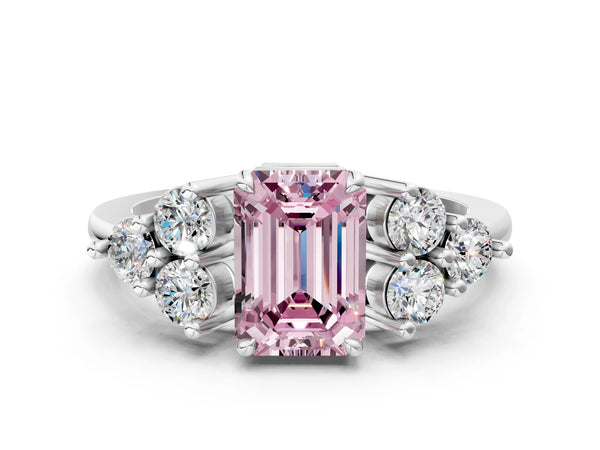 White gold Fancy Pink Emerald Cut Brilliant Diamond Cluster Accent Solitaire Ring with Prong Setting