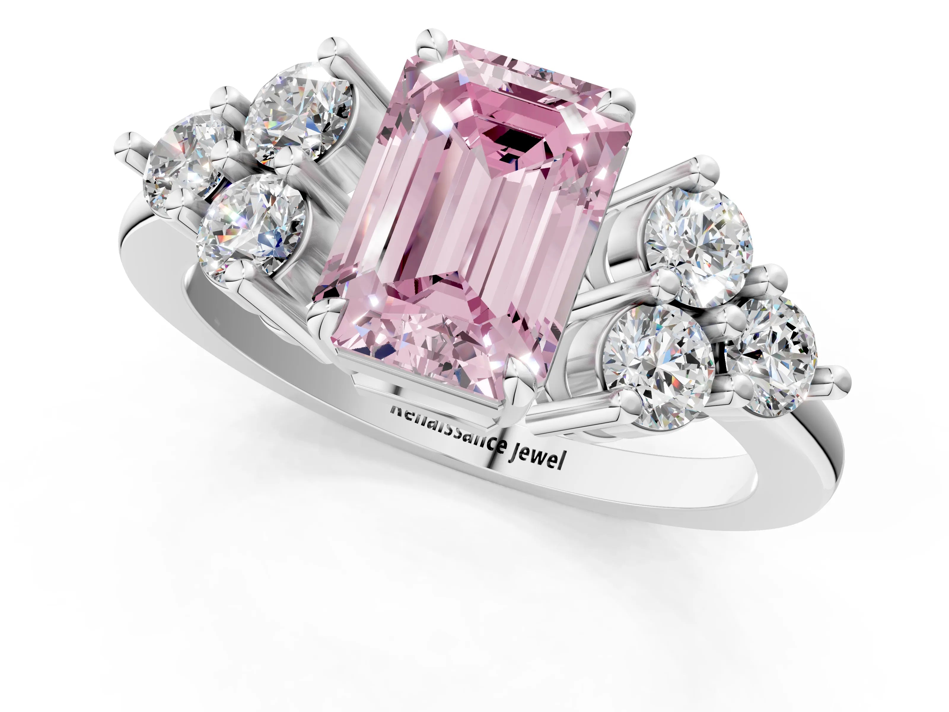 White gold Fancy Pink Emerald Cut Brilliant Diamond Cluster Accent Solitaire Ring with Prong Setting_37