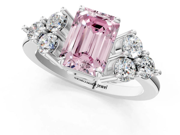 White gold Fancy Pink Emerald Cut Brilliant Diamond Cluster Accent Solitaire Ring with Prong Setting