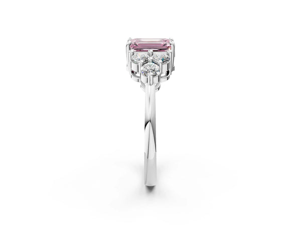 White gold Fancy Pink Emerald Cut Brilliant Diamond Cluster Accent Solitaire Ring with Prong Setting