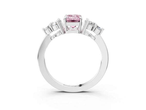 White gold Fancy Pink Emerald Cut Brilliant Diamond Cluster Accent Solitaire Ring with Prong Setting