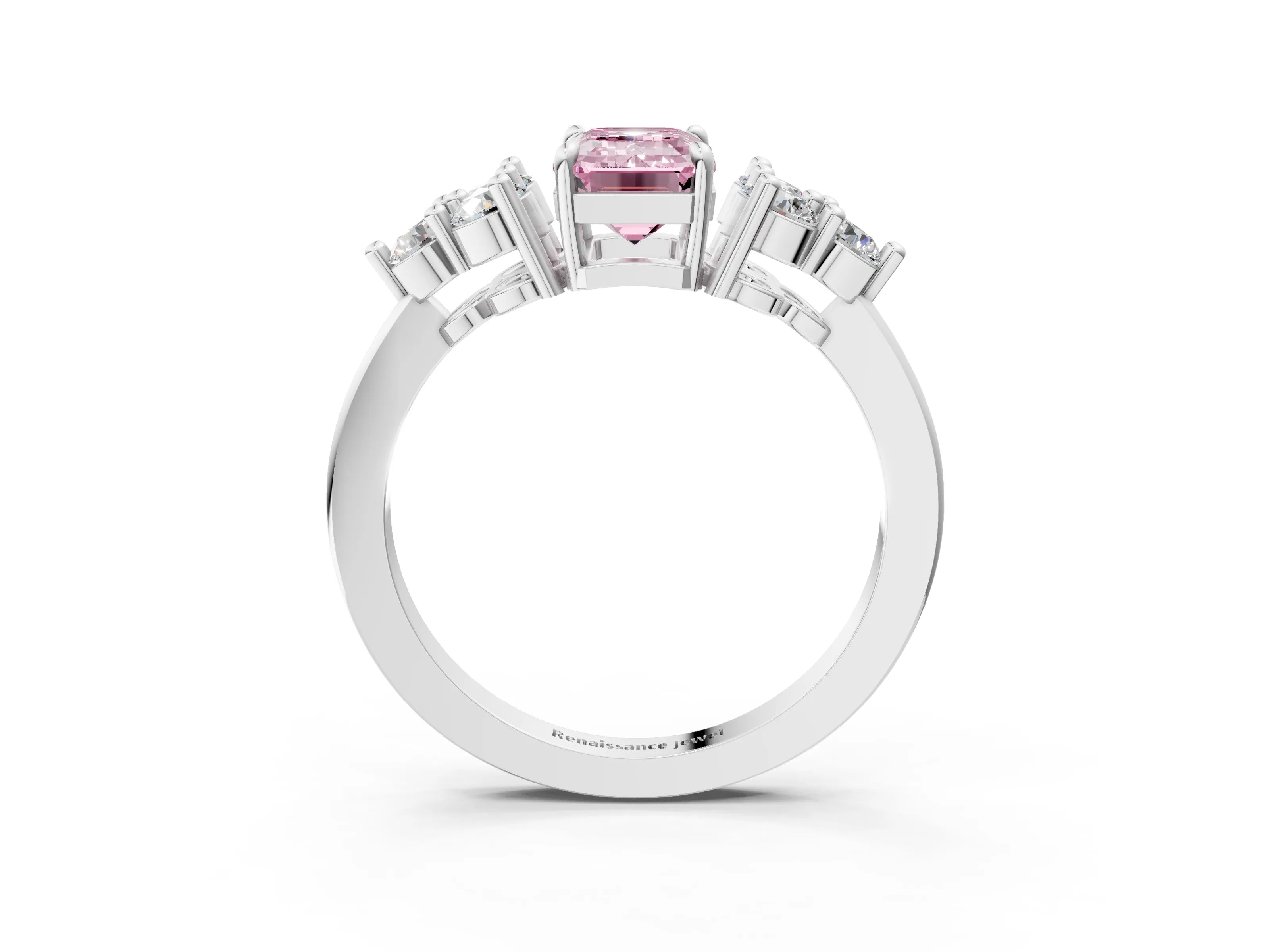 White gold Fancy Pink Emerald Cut Brilliant Diamond Cluster Accent Solitaire Ring with Prong Setting_3