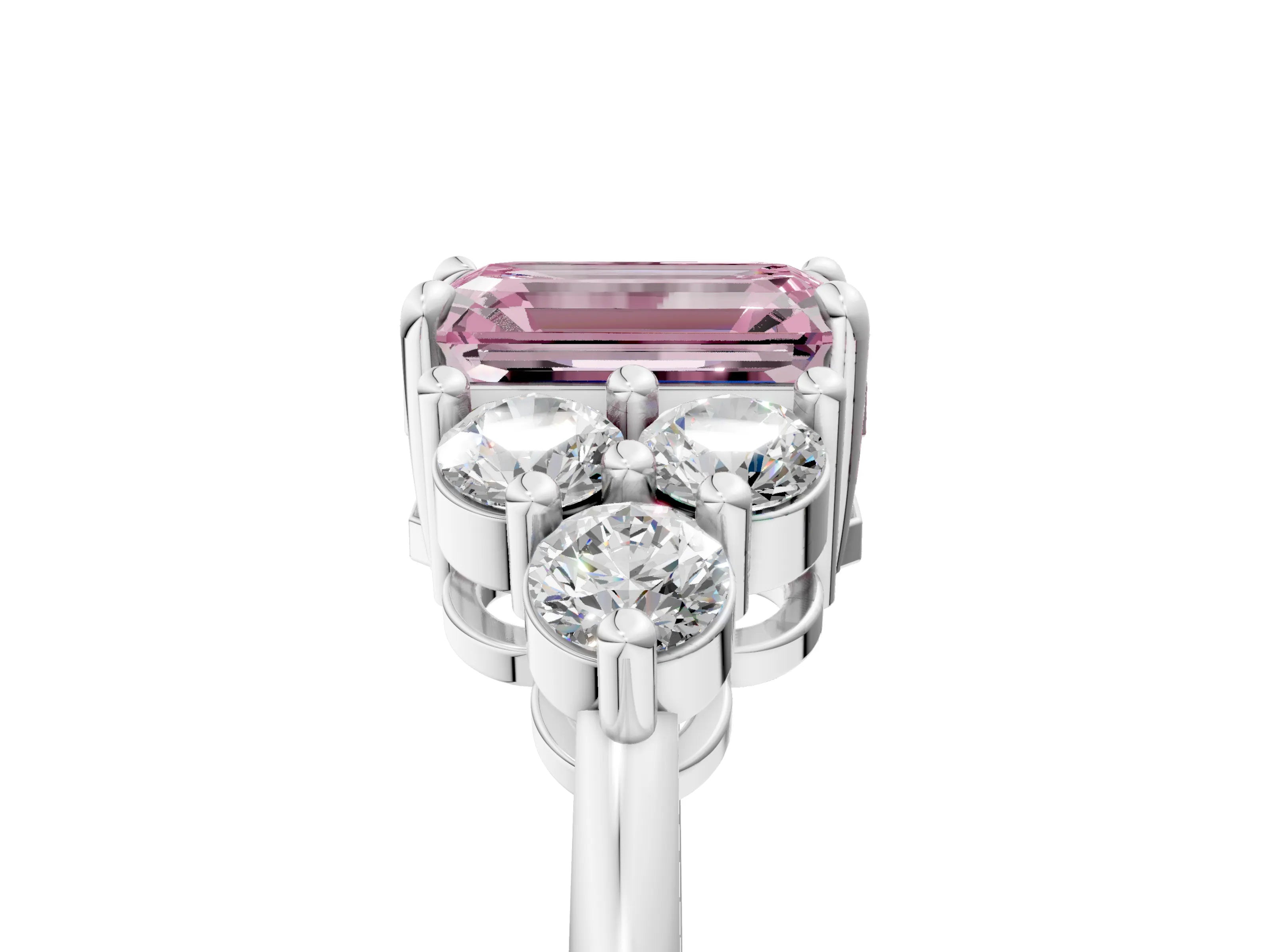 White gold Fancy Pink Emerald Cut Brilliant Diamond Cluster Accent Solitaire Ring with Prong Setting_5