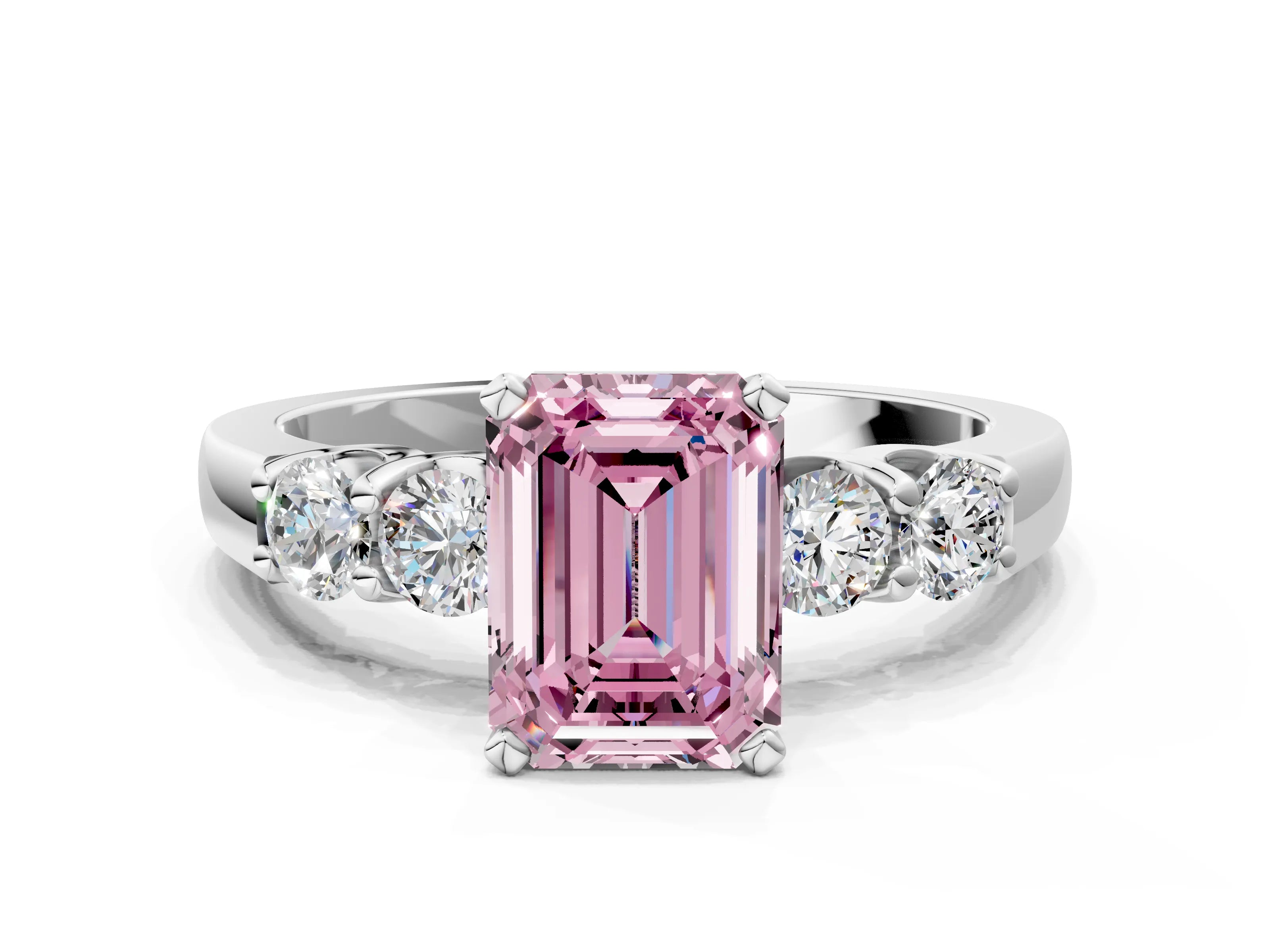 White gold Fancy Pink Emerald Cut Brilliant Diamond Five-Stone Engagement Ring with Prong Setting on a Classic Band_3