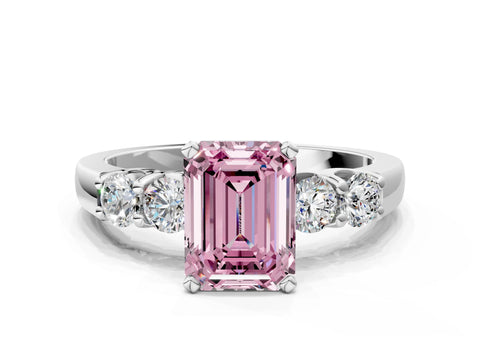 White gold Fancy Pink Emerald Cut Brilliant Diamond Five-Stone Engagement Ring with Prong Setting on a Classic Band_3