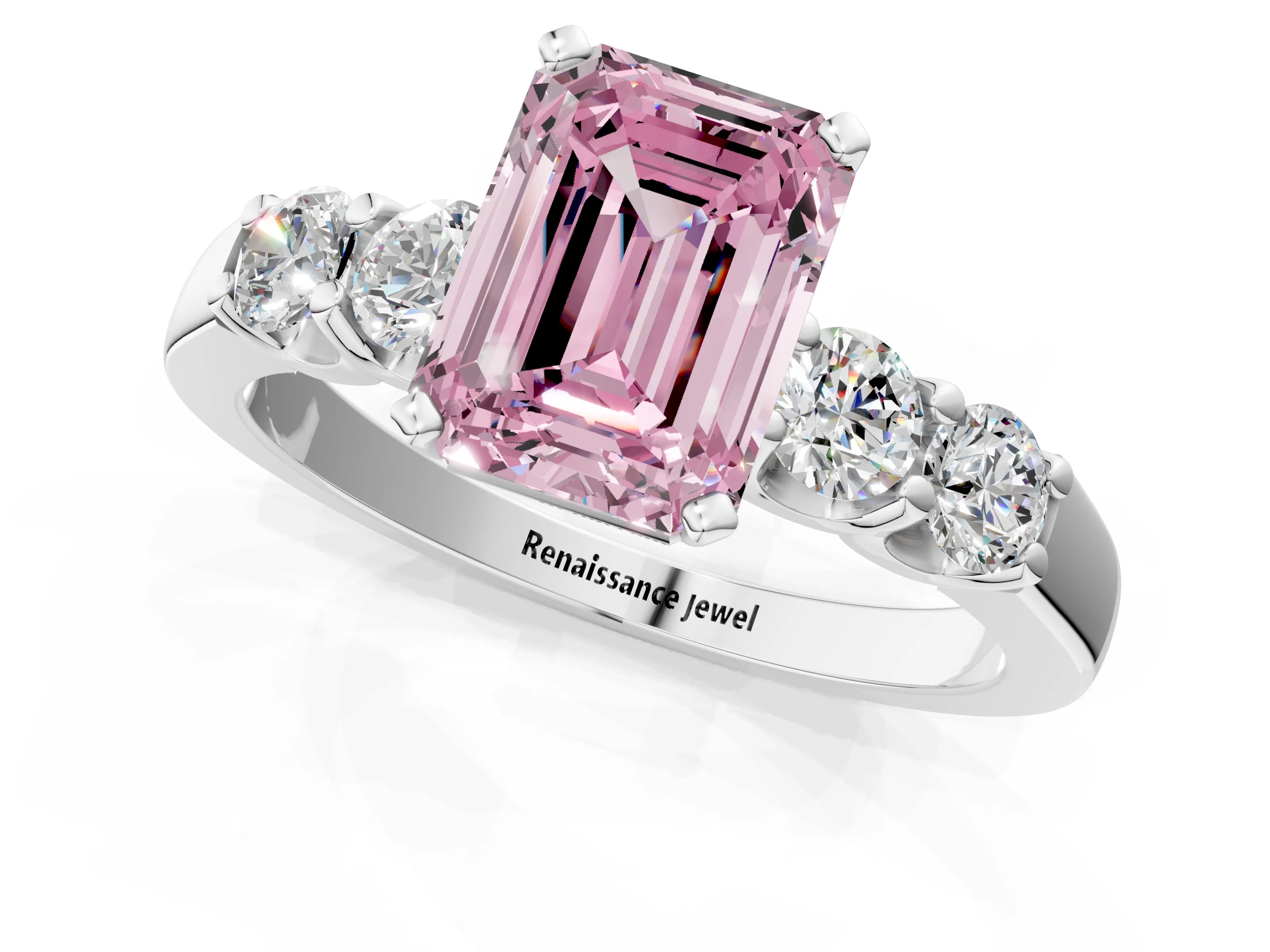 White gold Fancy Pink Emerald Cut Brilliant Diamond Five-Stone Engagement Ring with Prong Setting on a Classic Band_4