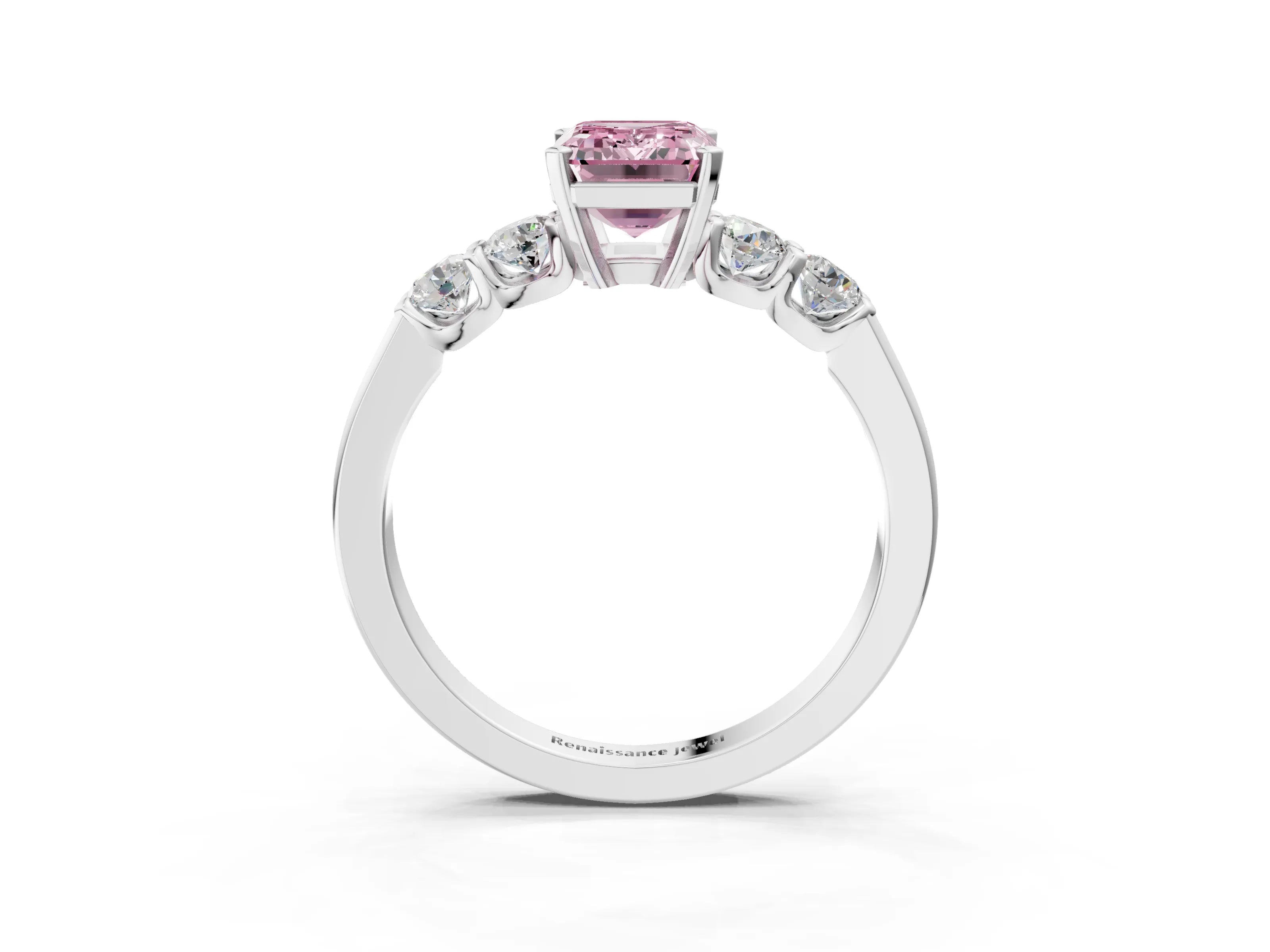 White gold Fancy Pink Emerald Cut Brilliant Diamond Five-Stone Engagement Ring with Prong Setting on a Classic Band_6