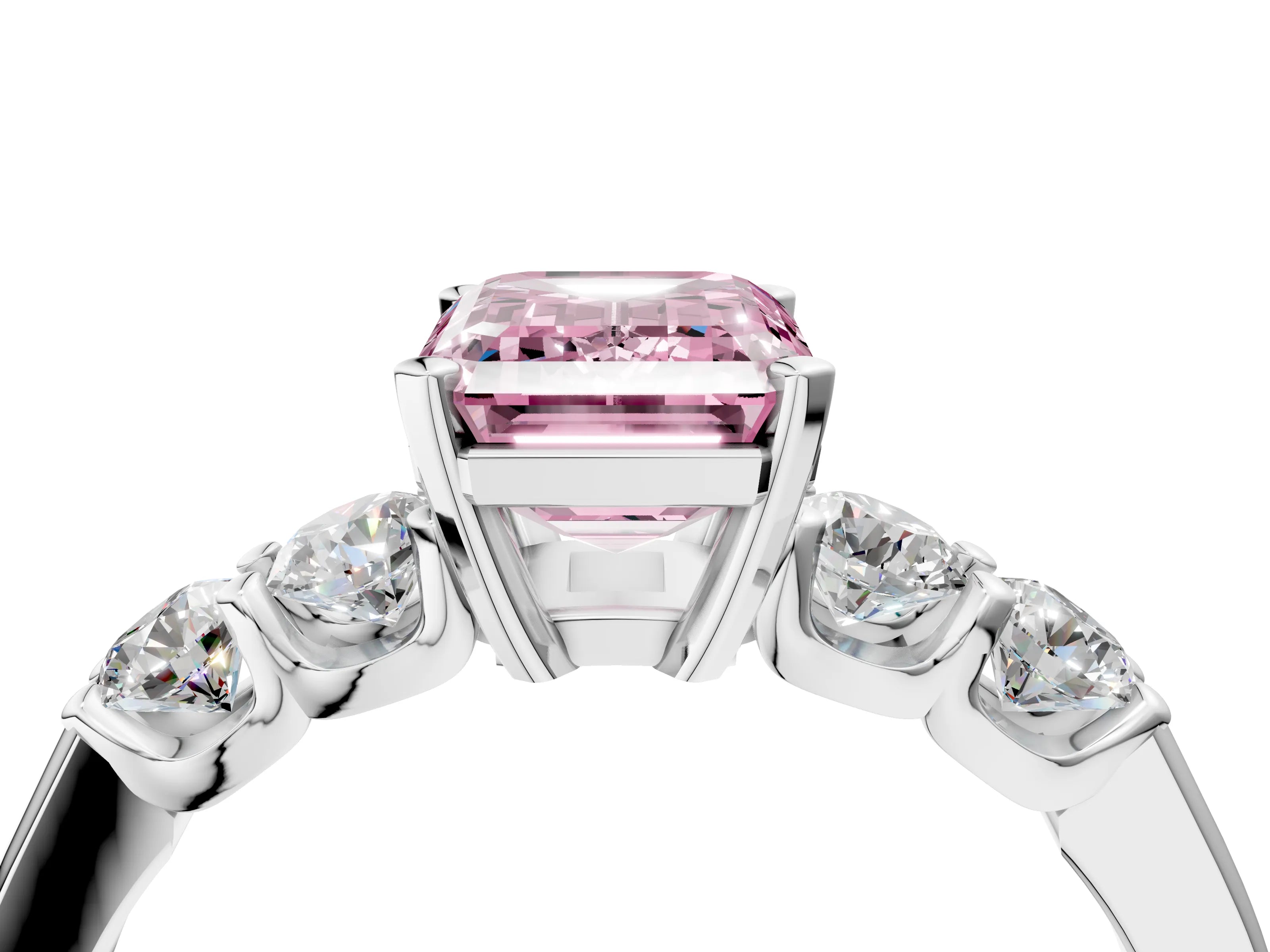White gold Fancy Pink Emerald Cut Brilliant Diamond Five-Stone Engagement Ring with Prong Setting on a Classic Band_7