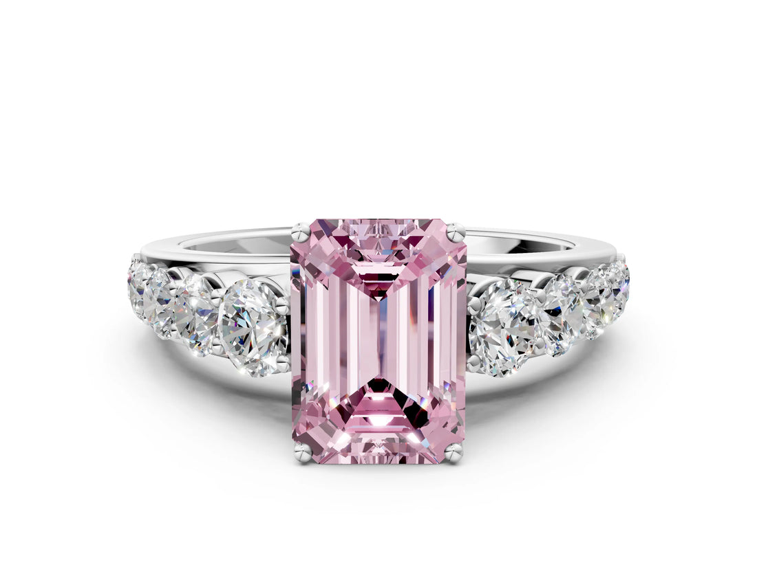 White gold Fancy Pink Emerald Cut Brilliant Diamond Pavé Band with Six-Prong Setting_12