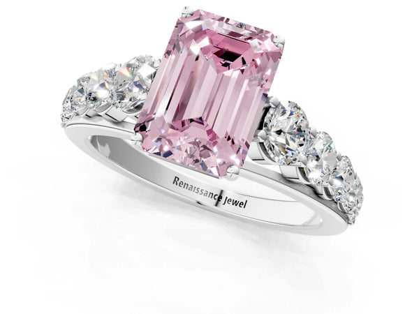 White gold Fancy Pink Emerald Cut Brilliant Diamond Pavé Band with Six-Prong Setting