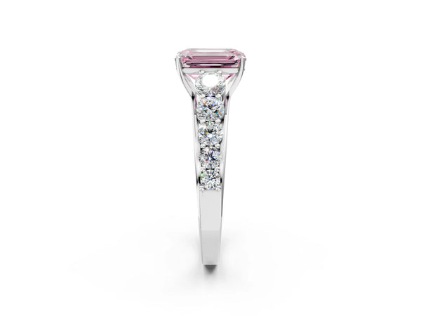 White gold Fancy Pink Emerald Cut Brilliant Diamond Pavé Band with Six-Prong Setting