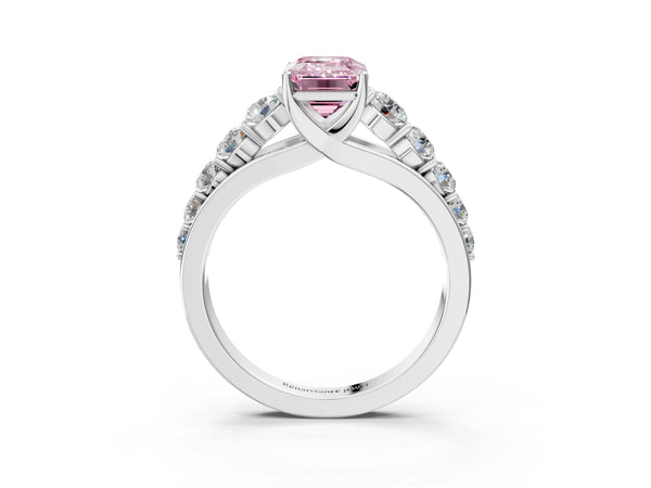 White gold Fancy Pink Emerald Cut Brilliant Diamond Pavé Band with Six-Prong Setting