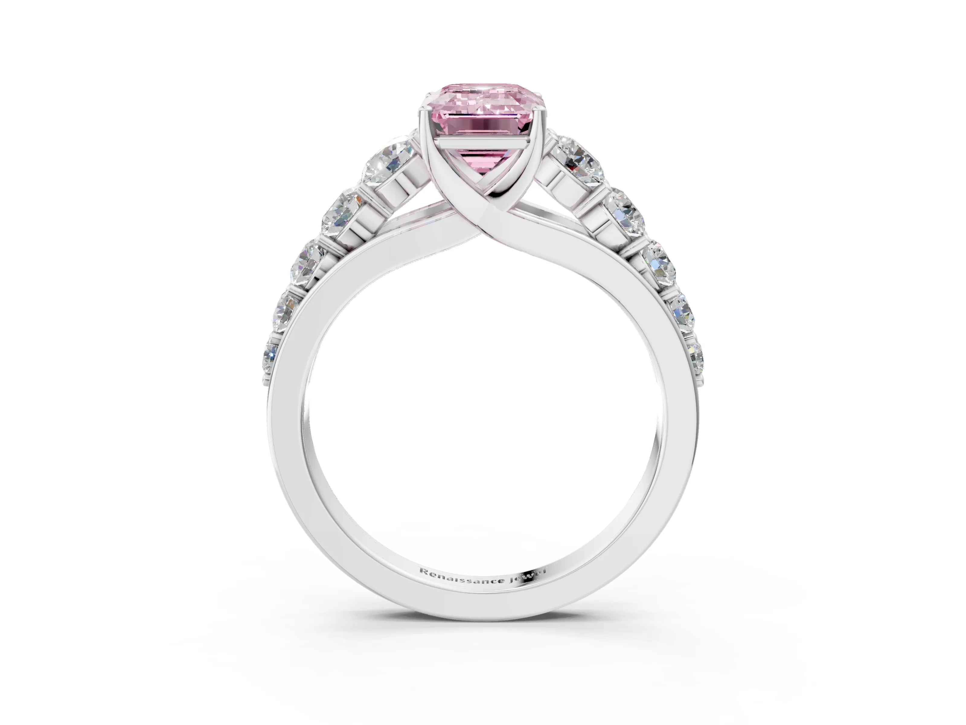 White gold Fancy Pink Emerald Cut Brilliant Diamond Pavé Band with Six-Prong Setting_3