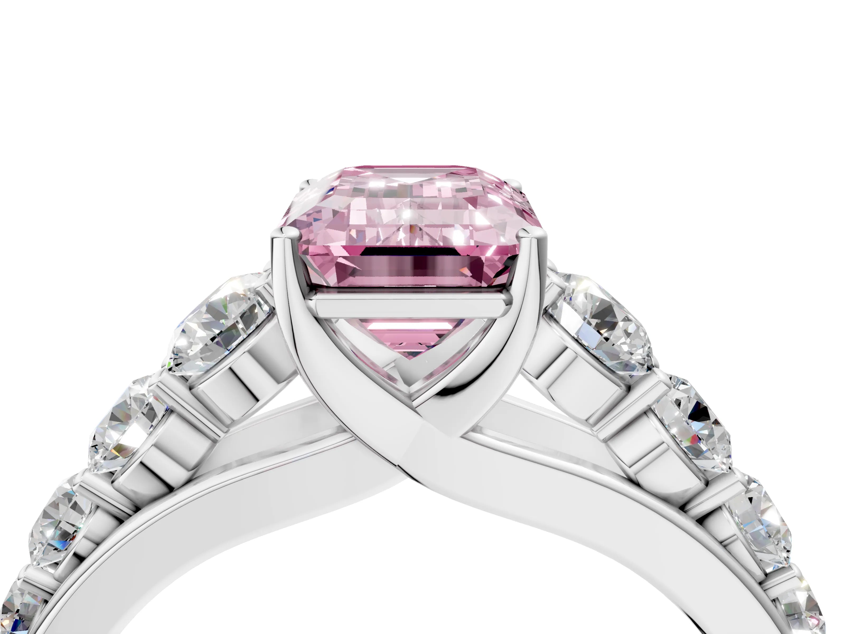White gold Fancy Pink Emerald Cut Brilliant Diamond Pavé Band with Six-Prong Setting_4