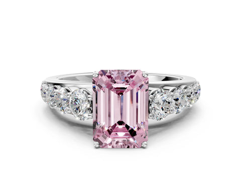 White gold Fancy Pink Emerald Cut Brilliant Diamond Pavé Band with Six-Prong Setting