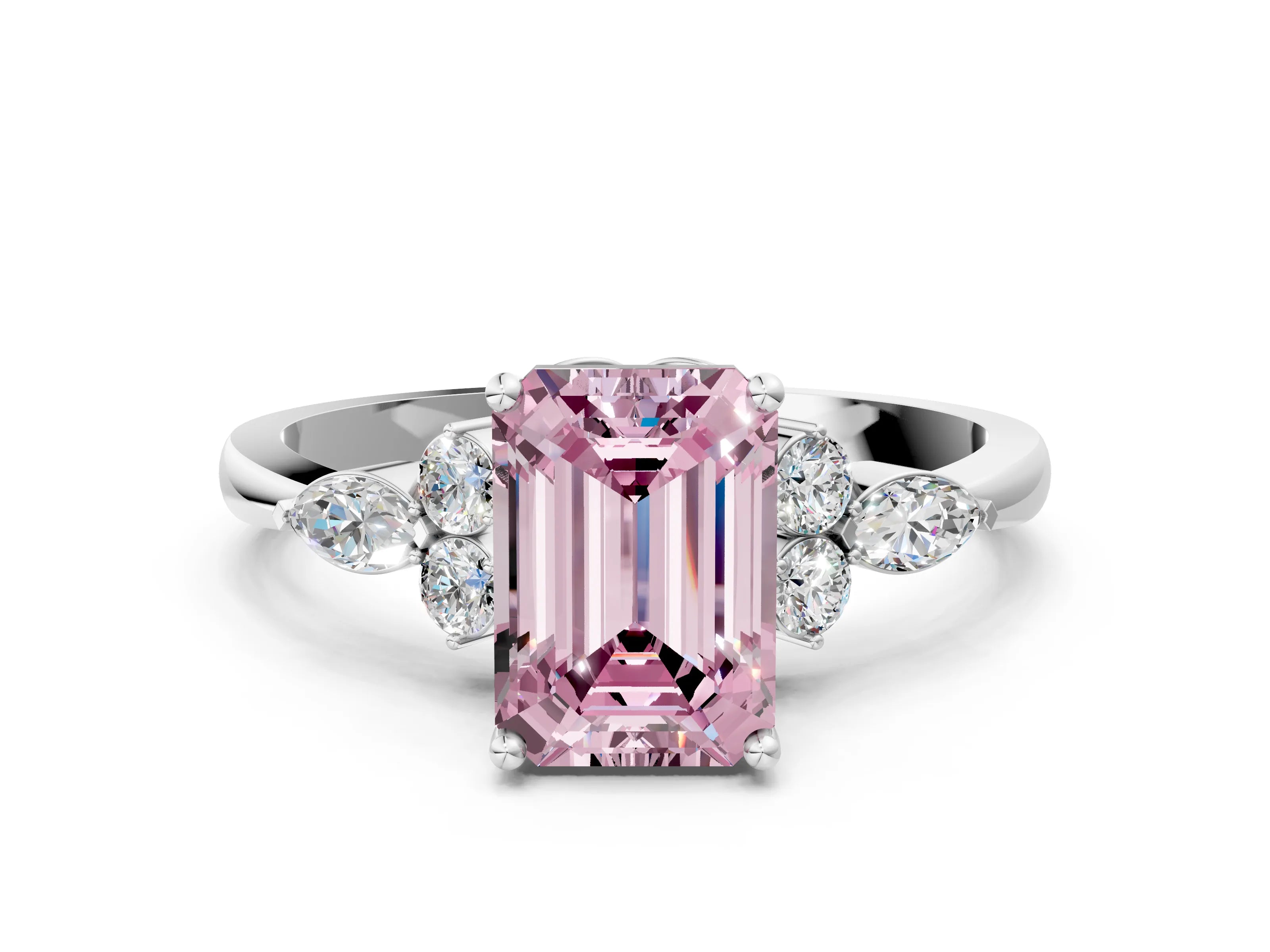 White gold Fancy Pink Emerald Cut Brilliant Diamond Solitaire Ring with Pear Side Stones and Four-Prong Setting_18