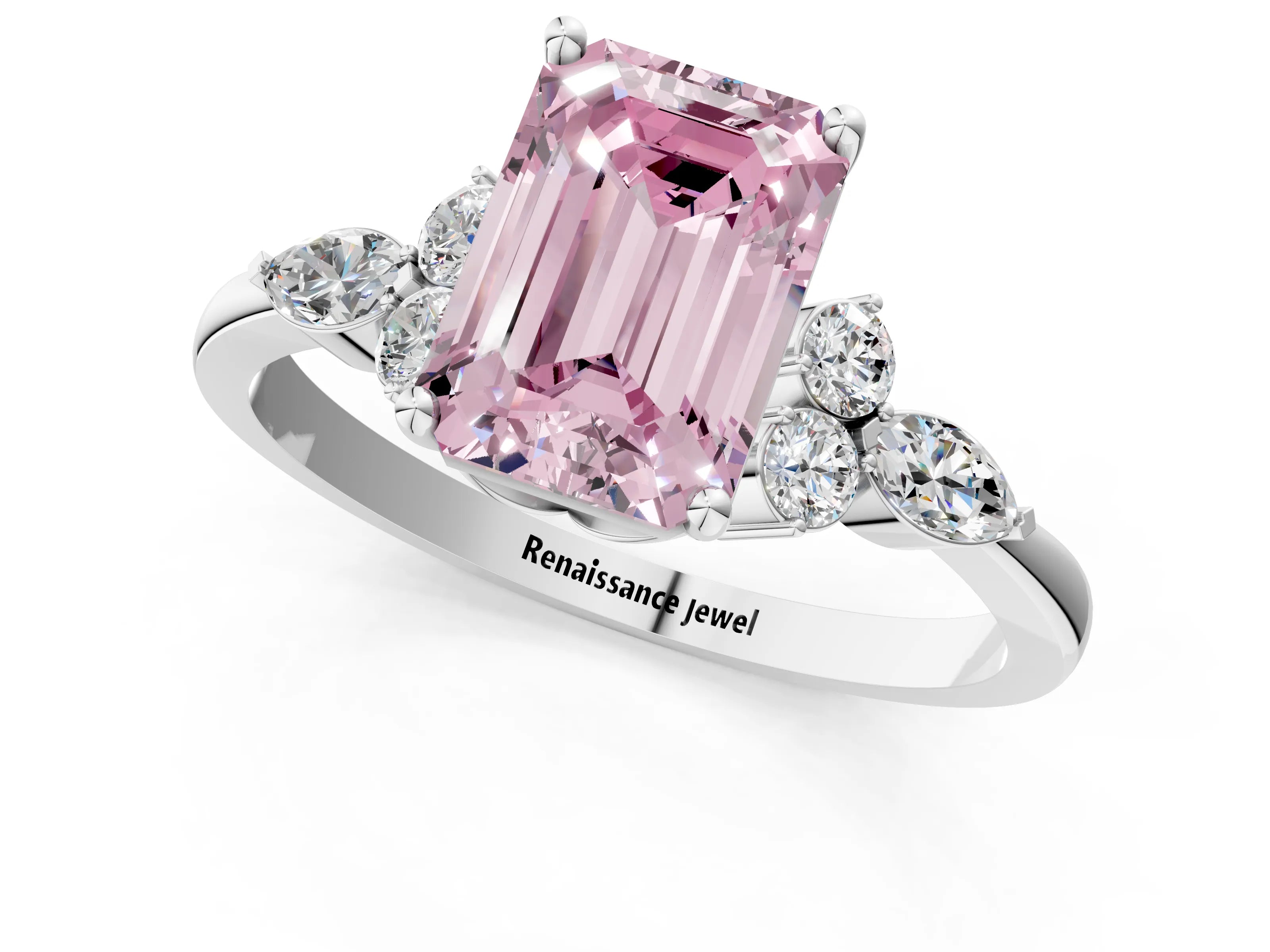 White gold Fancy Pink Emerald Cut Brilliant Diamond Solitaire Ring with Pear Side Stones and Four-Prong Setting_19