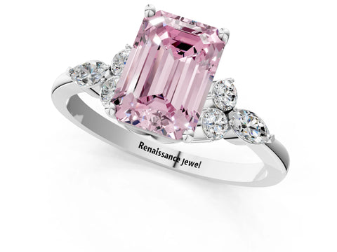 White gold Fancy Pink Emerald Cut Brilliant Diamond Solitaire Ring with Pear Side Stones and Four-Prong Setting_19