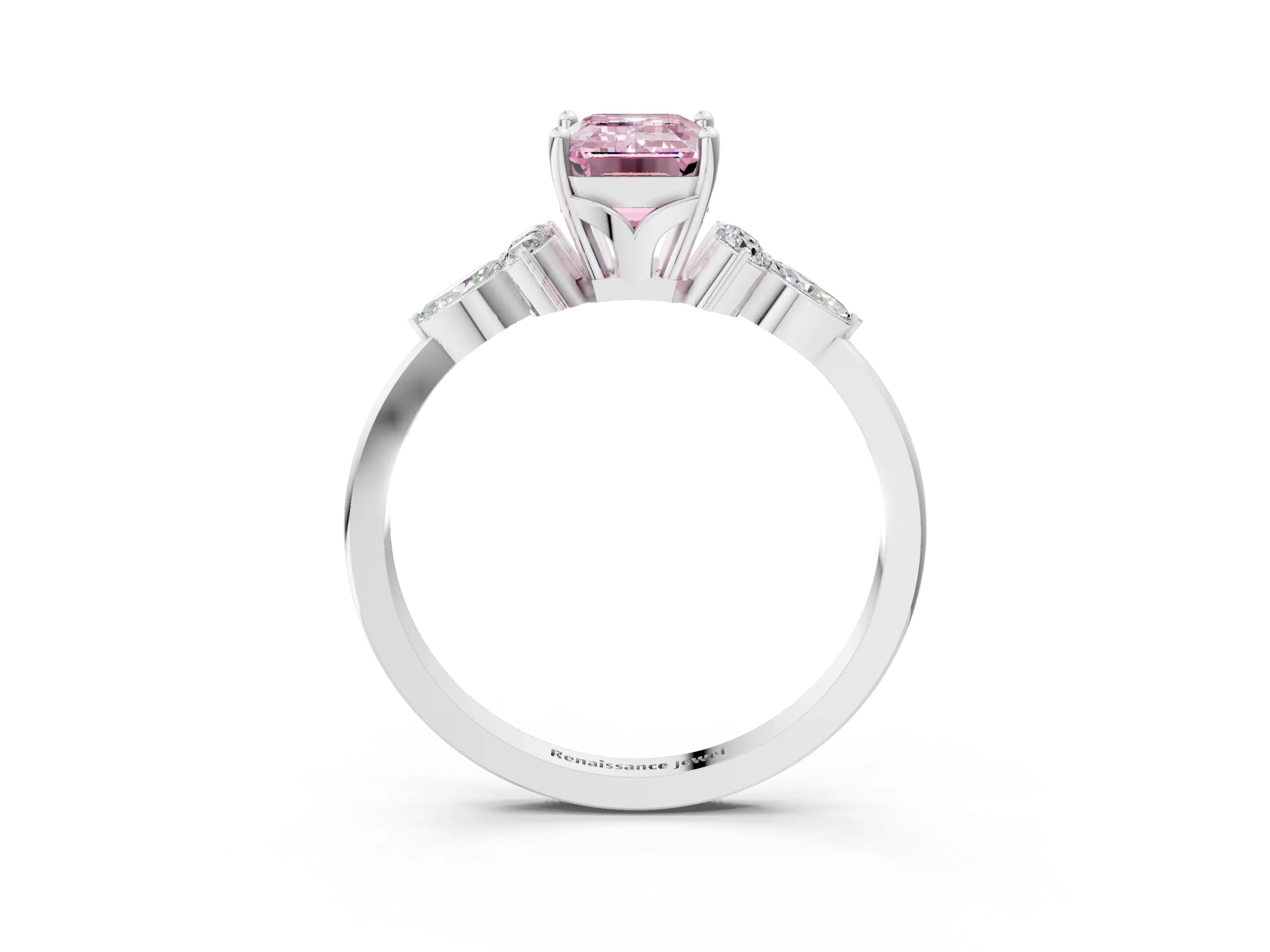 White gold Fancy Pink Emerald Cut Brilliant Diamond Solitaire Ring with Pear Side Stones and Four-Prong Setting_21