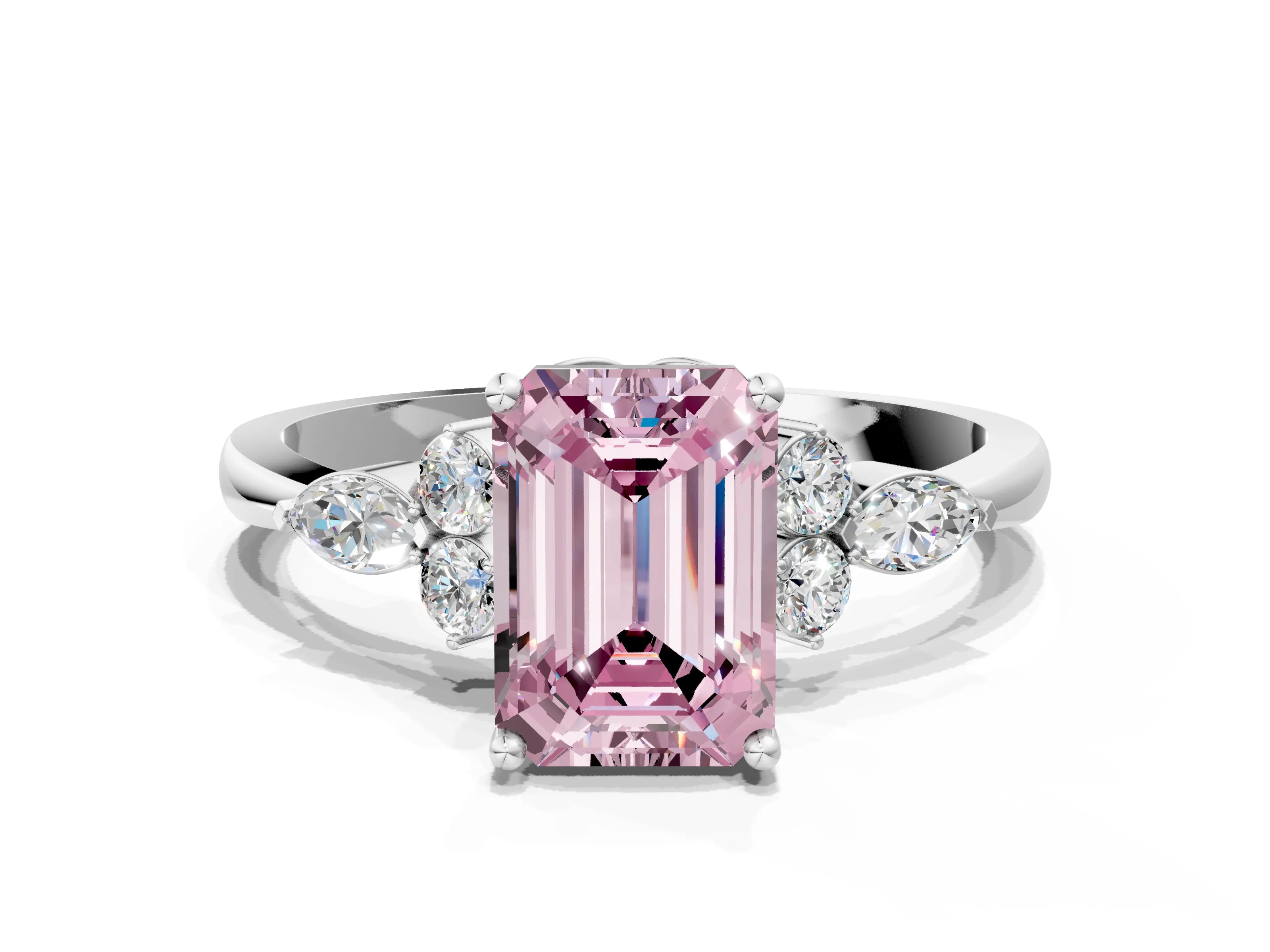 White gold Fancy Pink Emerald Cut Brilliant Diamond Solitaire Ring with Pear Side Stones and Four-Prong Setting_24