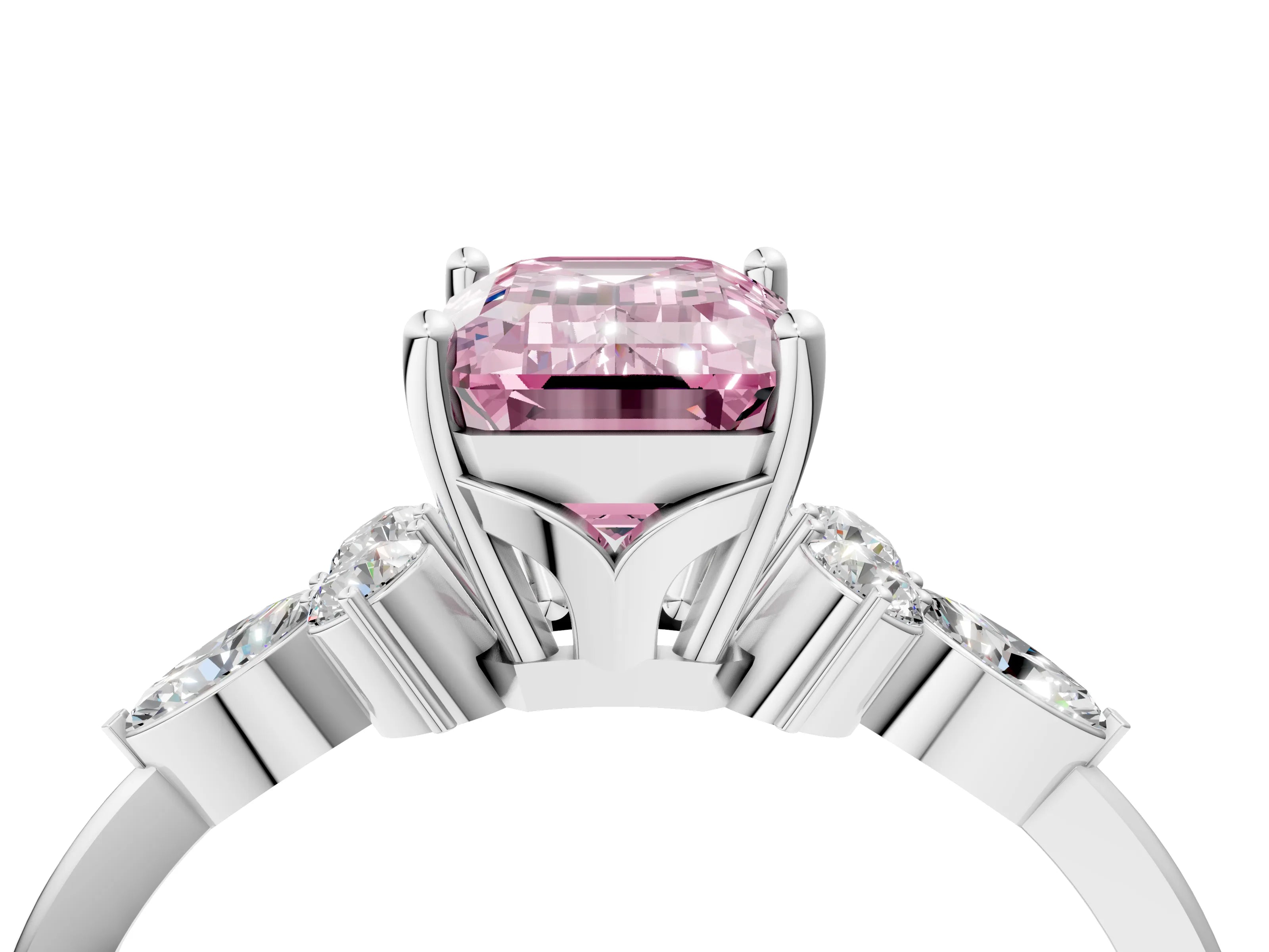 White gold Fancy Pink Emerald Cut Brilliant Diamond Solitaire Ring with Pear Side Stones and Four-Prong Setting_28