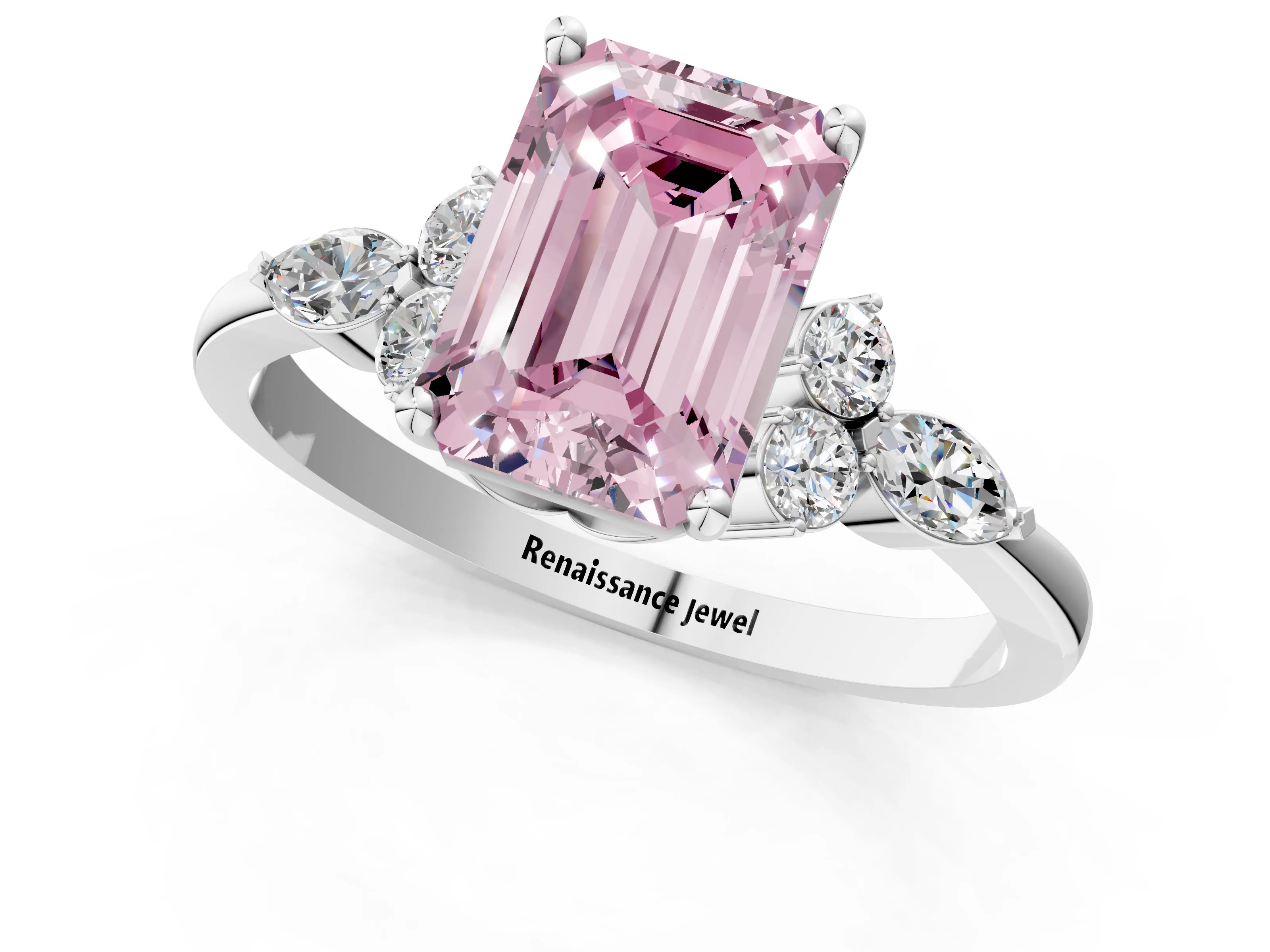 White gold Fancy Pink Emerald Cut Brilliant Diamond Solitaire Ring with Pear Side Stones and Four-Prong Setting_7