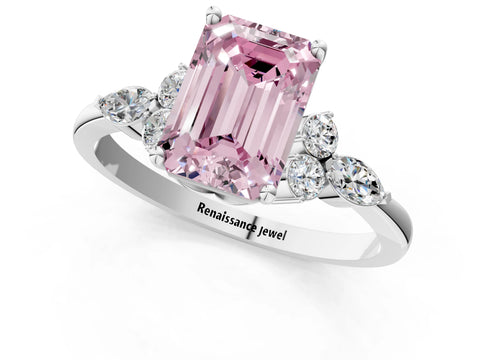 White gold Fancy Pink Emerald Cut Brilliant Diamond Solitaire Ring with Pear Side Stones and Four-Prong Setting_7