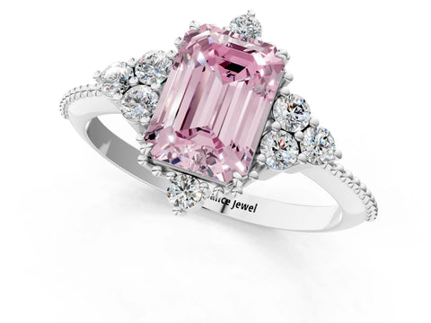 White gold Fancy Pink Emerald Cut Brilliant Diamond with Cluster Setting on a Beaded Band and Four-Prong Setting_1