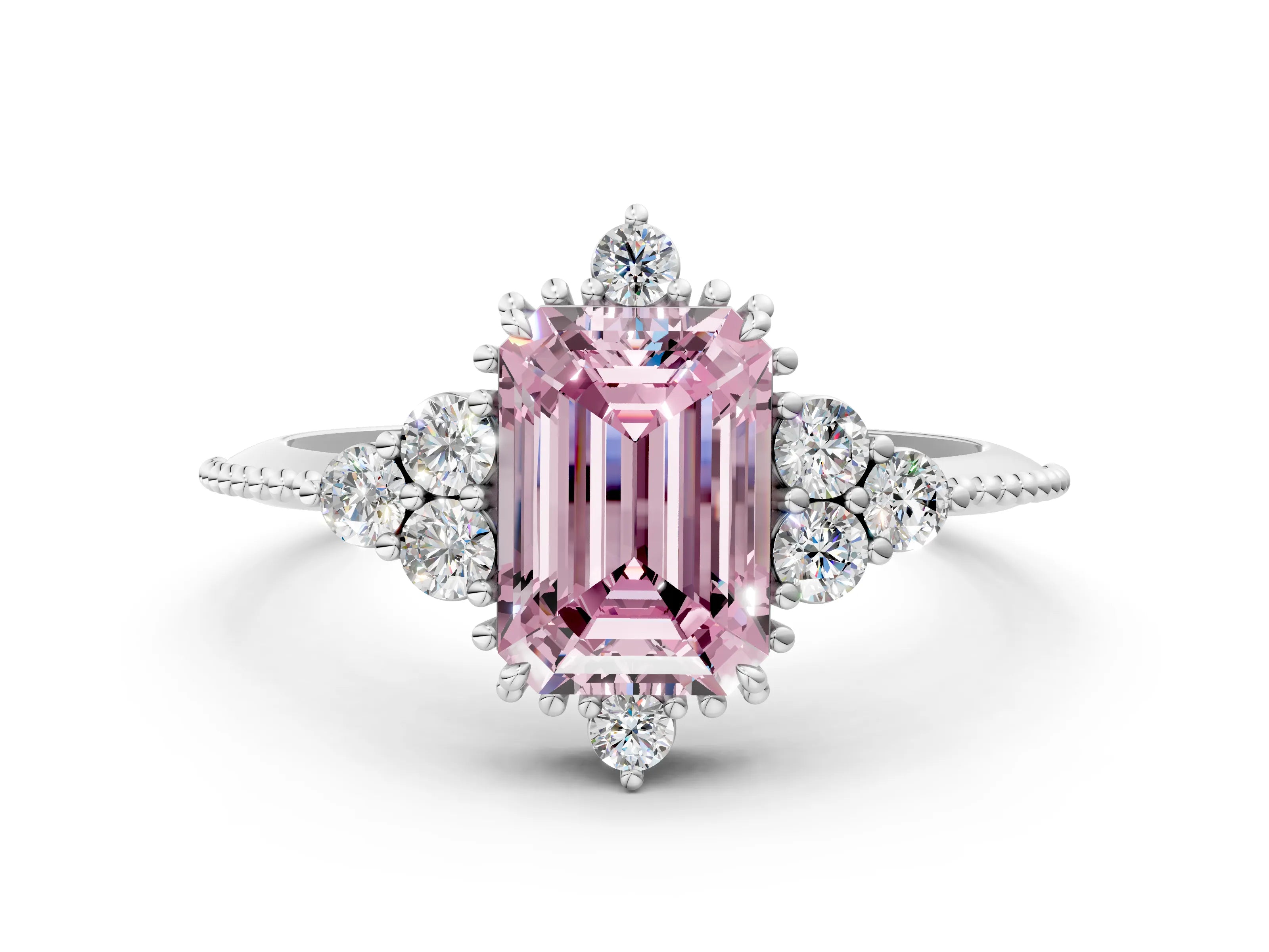 White gold Fancy Pink Emerald Cut Brilliant Diamond with Cluster Setting on a Beaded Band and Four-Prong Setting_24