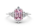White gold Fancy Pink Emerald Cut Brilliant Diamond with Cluster Setting on a Beaded Band and Four-Prong Setting_24