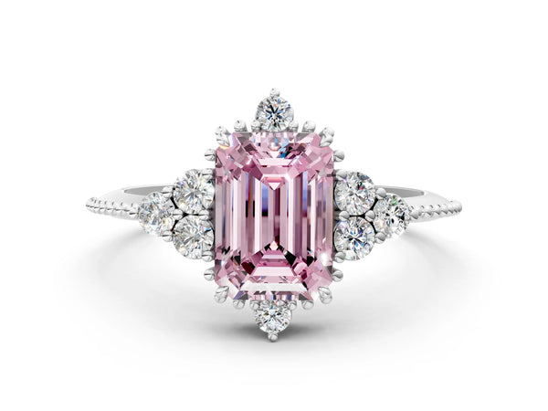 White gold Fancy Pink Emerald Cut Brilliant Diamond with Cluster Setting on a Beaded Band and Four-Prong Setting