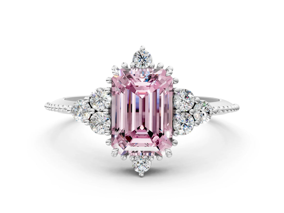 White gold Fancy Pink Emerald Cut Brilliant Diamond with Cluster Setting on a Beaded Band and Four-Prong Setting_24