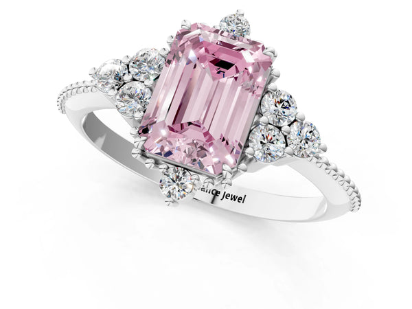 White gold Fancy Pink Emerald Cut Brilliant Diamond with Cluster Setting on a Beaded Band and Four-Prong Setting