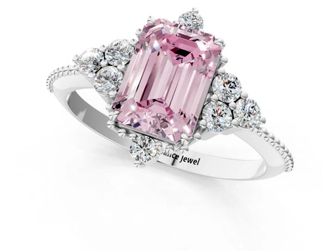 White gold Fancy Pink Emerald Cut Brilliant Diamond with Cluster Setting on a Beaded Band and Four-Prong Setting_25
