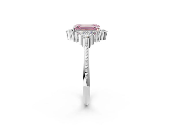 White gold Fancy Pink Emerald Cut Brilliant Diamond with Cluster Setting on a Beaded Band and Four-Prong Setting