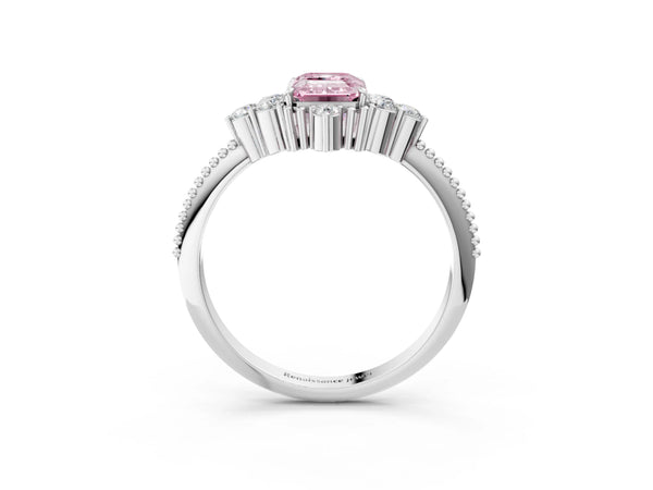 White gold Fancy Pink Emerald Cut Brilliant Diamond with Cluster Setting on a Beaded Band and Four-Prong Setting