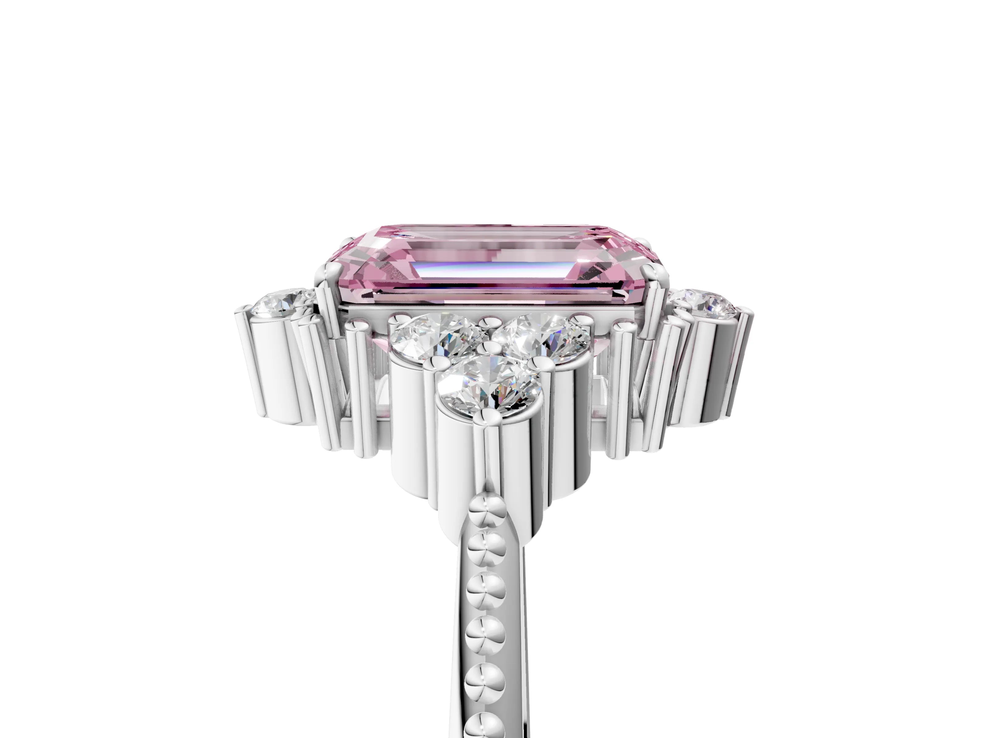 White gold Fancy Pink Emerald Cut Brilliant Diamond with Cluster Setting on a Beaded Band and Four-Prong Setting_29
