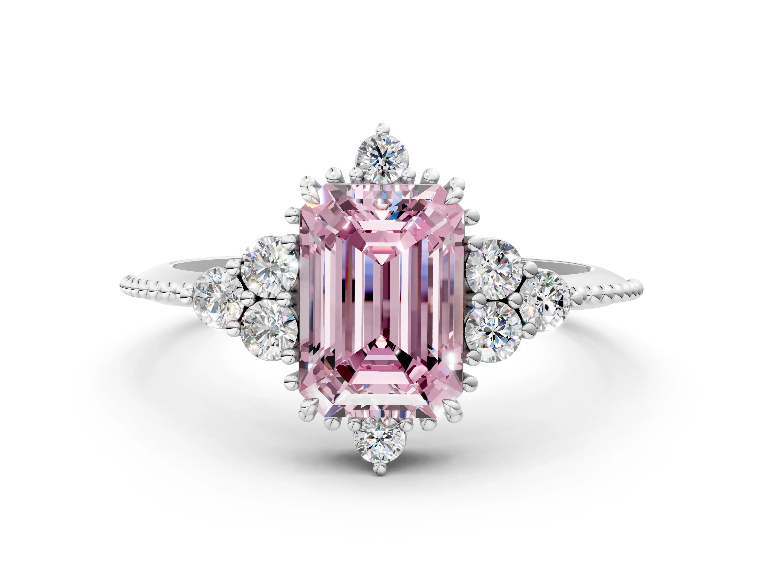 White gold Fancy Pink Emerald Cut Brilliant Diamond with Cluster Setting on a Beaded Band and Four-Prong Setting