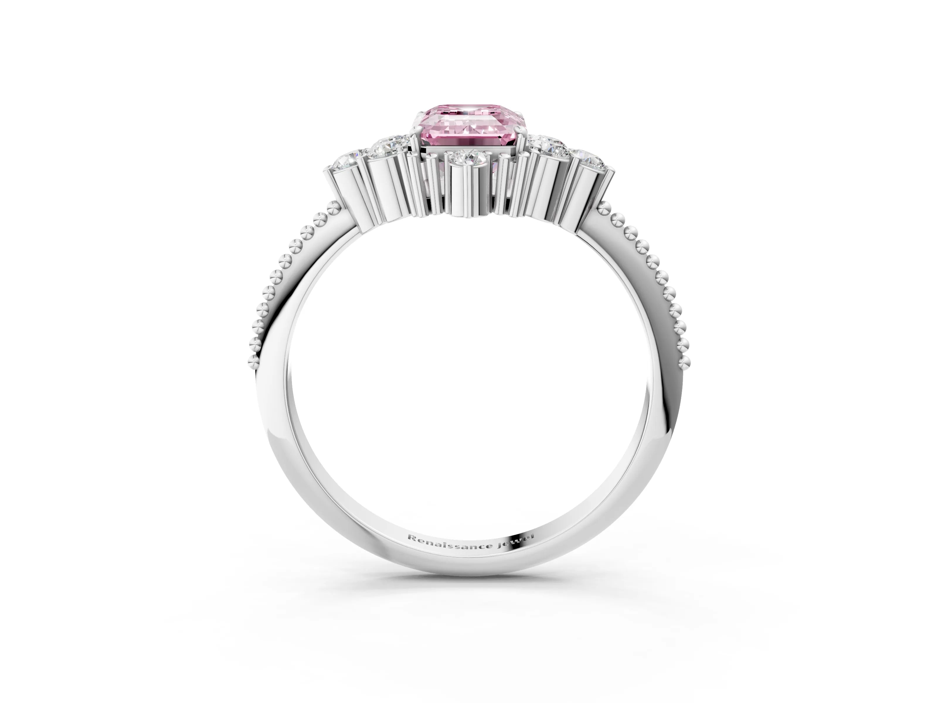 White gold Fancy Pink Emerald Cut Brilliant Diamond with Cluster Setting on a Beaded Band and Four-Prong Setting_3