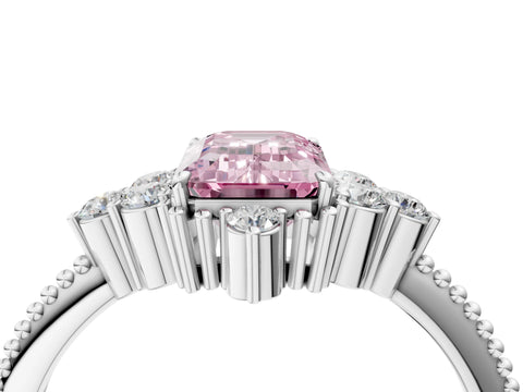 White gold Fancy Pink Emerald Cut Brilliant Diamond with Cluster Setting on a Beaded Band and Four-Prong Setting_4