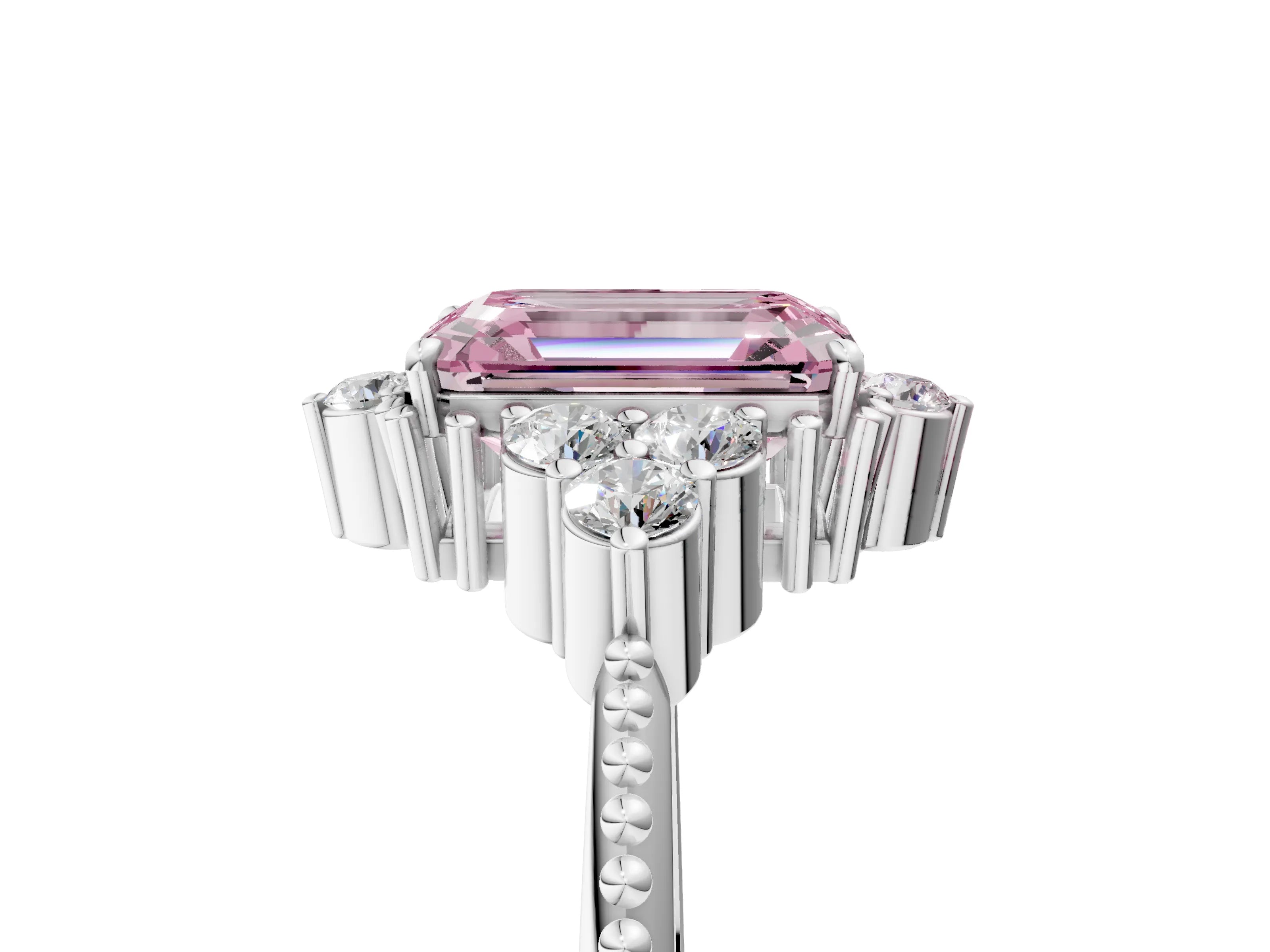 White gold Fancy Pink Emerald Cut Brilliant Diamond with Cluster Setting on a Beaded Band and Four-Prong Setting_5