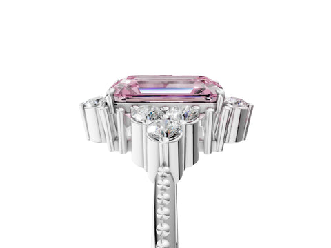 White gold Fancy Pink Emerald Cut Brilliant Diamond with Cluster Setting on a Beaded Band and Four-Prong Setting_5