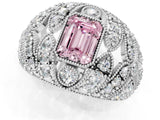 White gold Fancy Pink Emerald Cut Brilliant Halo Pave Diamond Milgrain Ring_1