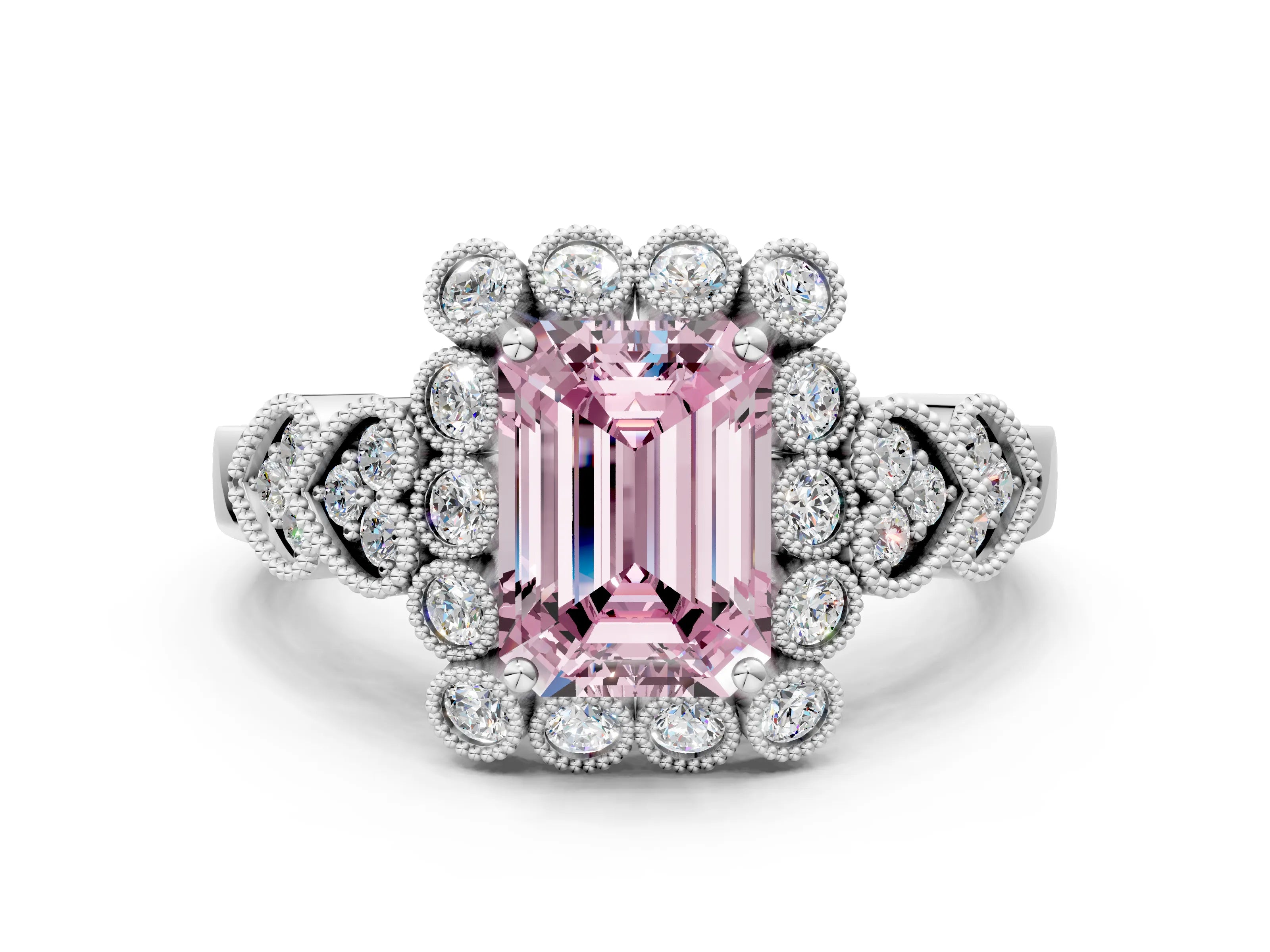 White gold Fancy Pink Emerald Cut Brilliant Milgrain Pave Heart Band Solitaire Ring
