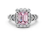 White gold Fancy Pink Emerald Cut Brilliant Milgrain Pave Heart Band Solitaire Ring