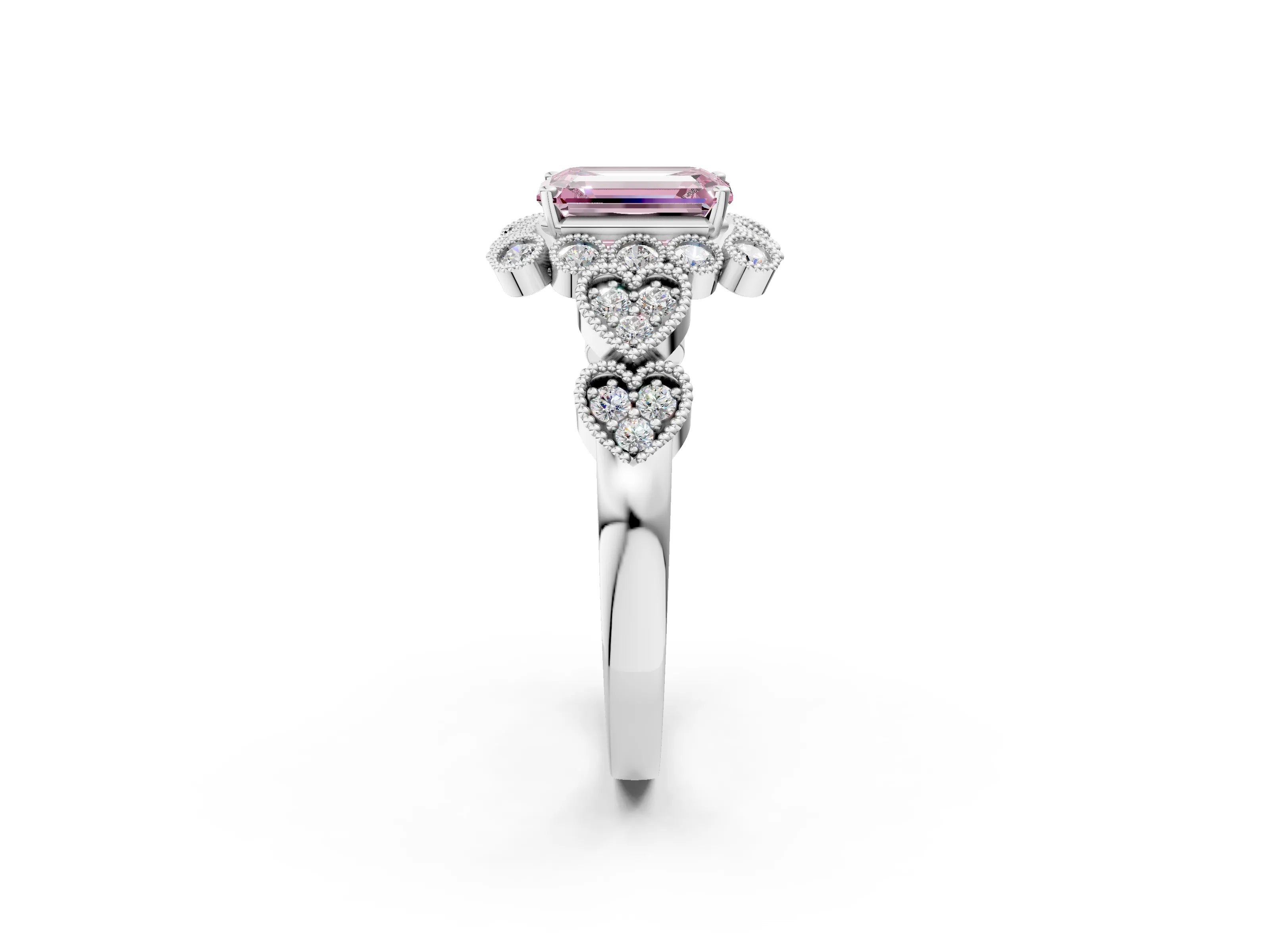 White gold Fancy Pink Emerald Cut Brilliant Milgrain Pave Heart Band Solitaire Ring_2