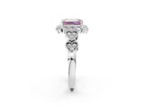 White gold Fancy Pink Emerald Cut Brilliant Milgrain Pave Heart Band Solitaire Ring_2