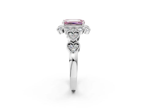 White gold Fancy Pink Emerald Cut Brilliant Milgrain Pave Heart Band Solitaire Ring_2